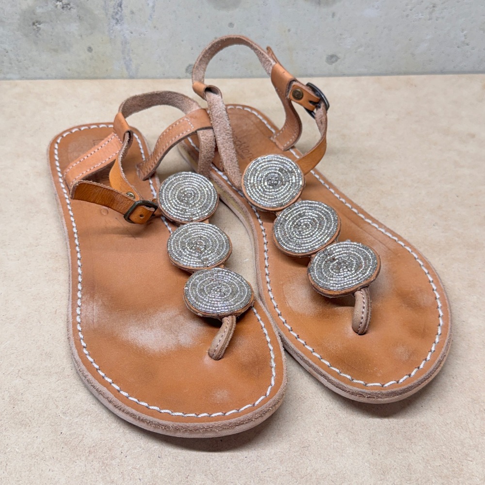 Laidback London Beaded Leather Sandals Womens 40 Tan Boho Festival Gladiator
